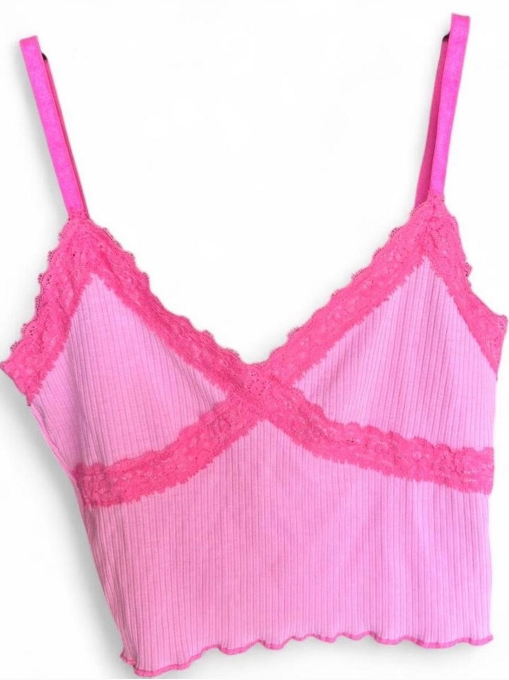 Y2K Pink Lace-Trim Ribbed Camisole Top